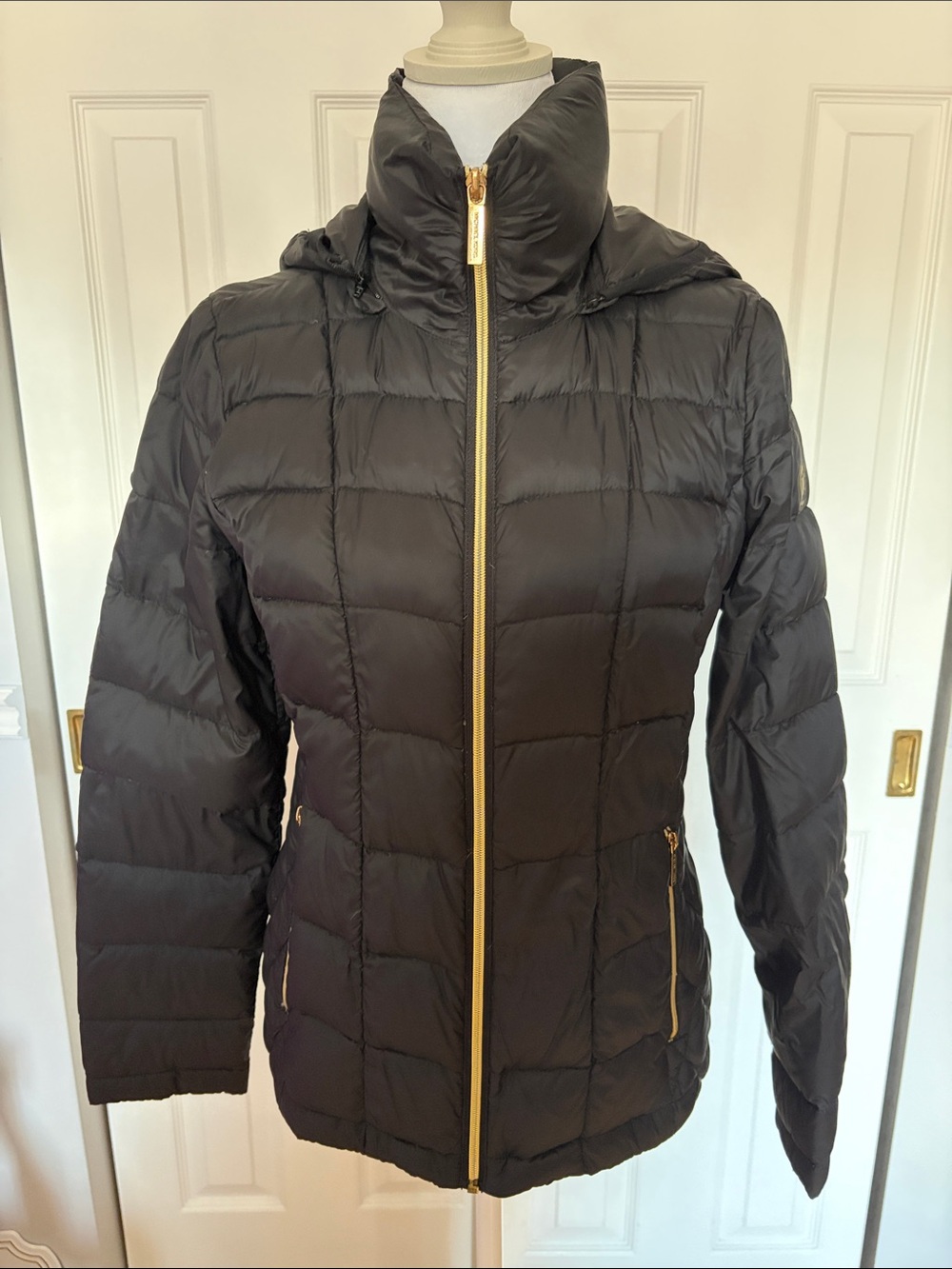 Michael Kors Black Packable Down Jacket with Gold Zippers and Removable Hood